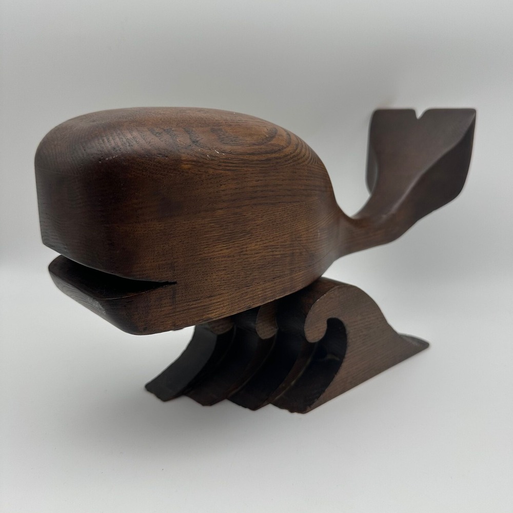 Vintage Whale Hand Carved Wooden Figure 13"x7" Statue Wave Two Piece‎